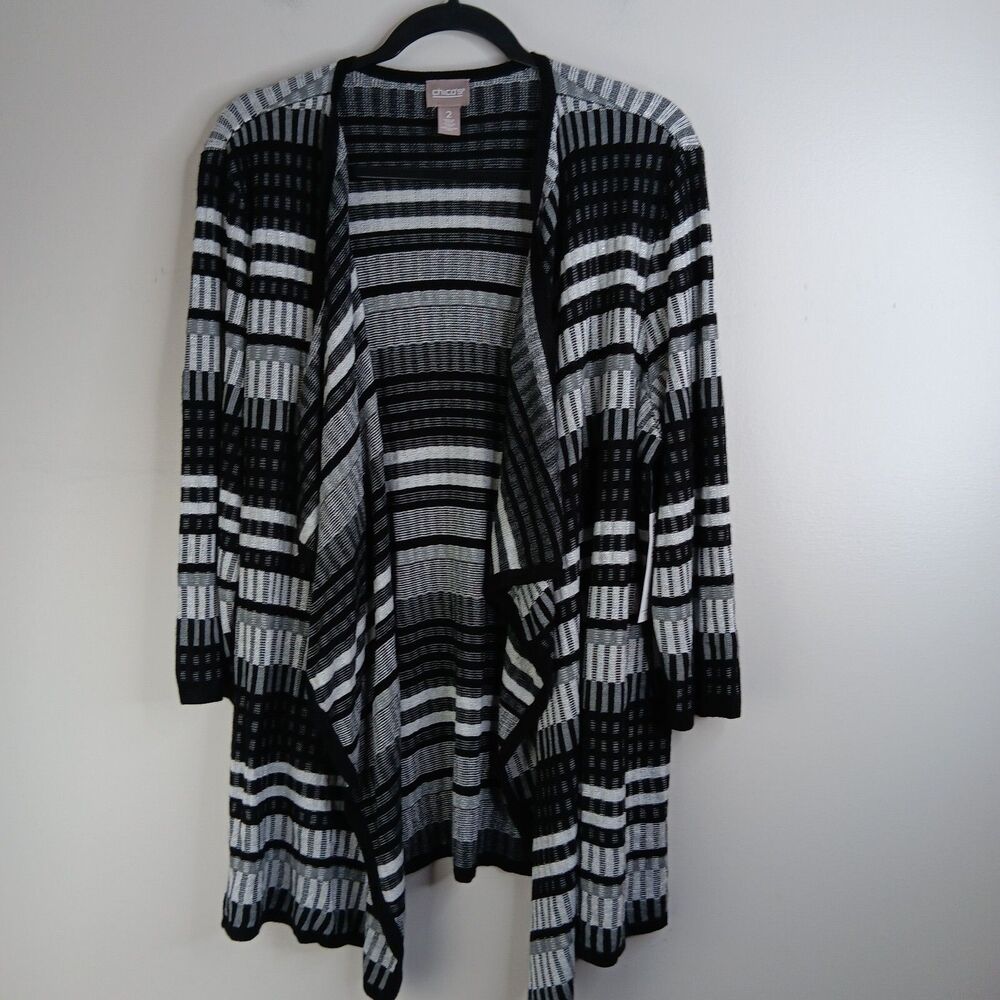 Chico’s Cardigan Women's Size 2 Large Drape Front Metallic Striped Black White